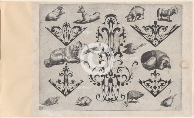 Blackwork Designs with Various Mammals and Birds, Plate 5 from a Series of Blackwork..., after 1622. Creator: Meinert Gelijs.