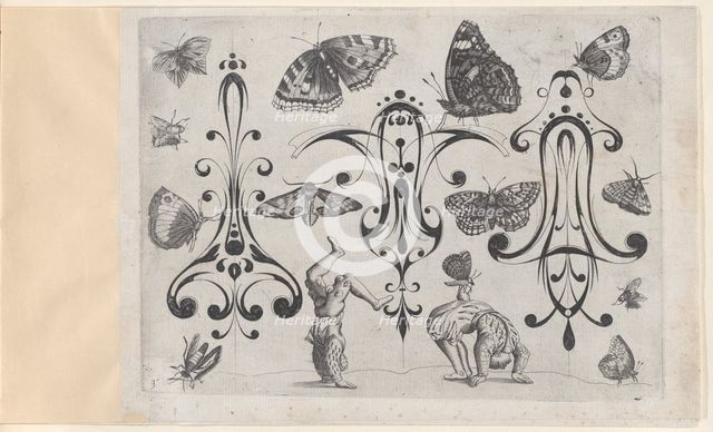 Blackwork Designs with Acrobats, Butterflies and Other Insects, Plate 3 from a Serie..., after 1622. Creator: Meinert Gelijs.