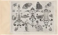 Blackwork Designs with Acrobats, Butterflies and Other Insects, Plate 3 from a Serie..., after 1622. Creator: Meinert Gelijs