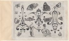 Blackwork Designs with Acrobats, Butterflies and Other Insects, Plate 3 from a Serie..., after 1622. Creator: Meinert Gelijs