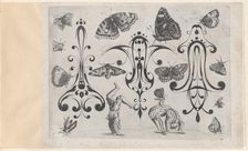 Blackwork Designs with Acrobats, Butterflies and Other Insects, Plate 3 from a Serie..., after 1622. Creator: Meinert Gelijs