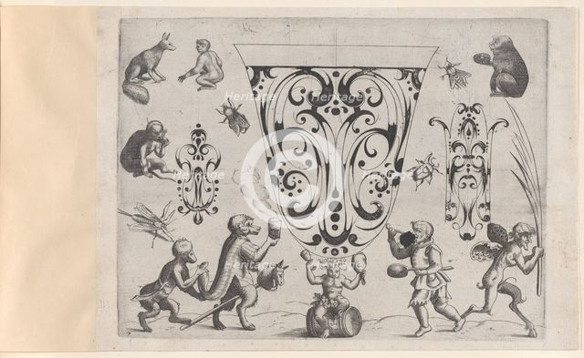 Blackwork Designs with Birds and Insects, Plate 7 from a Series of Blackwork Ornamen..., after 1622. Creator: Meinert Gelijs.