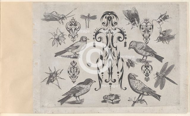 Blackwork Designs with Birds and Insects, Plate 2 from a Series of Blackwork Ornamen..., after 1622. Creator: Meinert Gelijs.