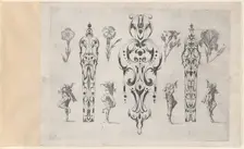 Blackwork Designs with Flowers and Commedia dell'Arte Figures, Plate 4 from a Series..., after 1622. Creator: Meinert Gelijs