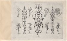 Blackwork Designs with Flowers and Commedia dell'Arte Figures, Plate 4 from a Series..., after 1622. Creator: Meinert Gelijs