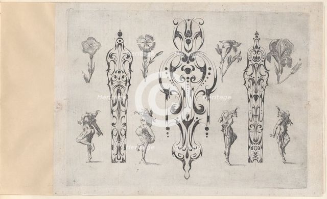Blackwork Designs with Flowers and Commedia dell'Arte Figures, Plate 4 from a Series..., after 1622. Creator: Meinert Gelijs.