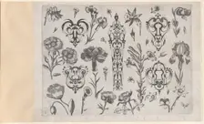 Blackwork Designs with Flowers, Plate 6 from a Series of Blackwork Ornaments combine..., after 1622. Creator: Meinert Gelijs