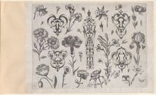 Blackwork Designs with Flowers, Plate 6 from a Series of Blackwork Ornaments combine..., after 1622. Creator: Meinert Gelijs