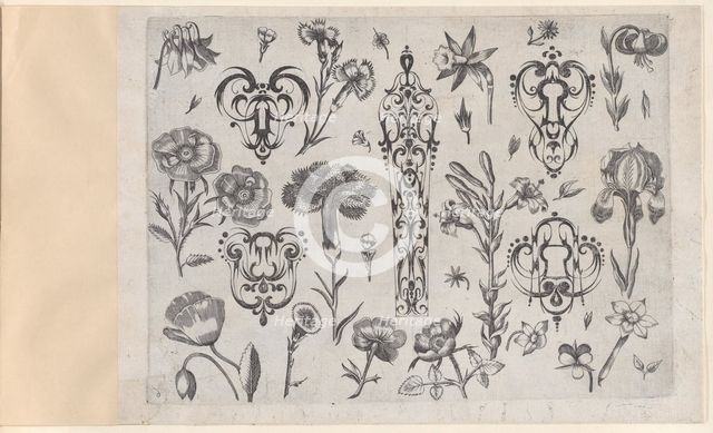 Blackwork Designs with Flowers, Plate 6 from a Series of Blackwork Ornaments combine..., after 1622. Creator: Meinert Gelijs.