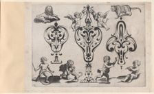 Blackwork Designs with Putti and Felines, Plate 8 from a Series of Blackwork Ornamen..., after 1622. Creator: Meinert Gelijs