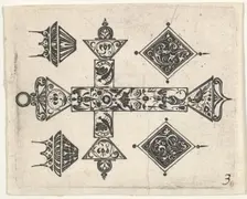 Blackwork Print with a Latin Cross and Four Motifs, ca. 1620. Creator: Claes Jansz Visscher