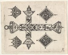 Blackwork Print with a Latin Cross and Four Motifs, ca. 1620. Creator: Claes Jansz Visscher