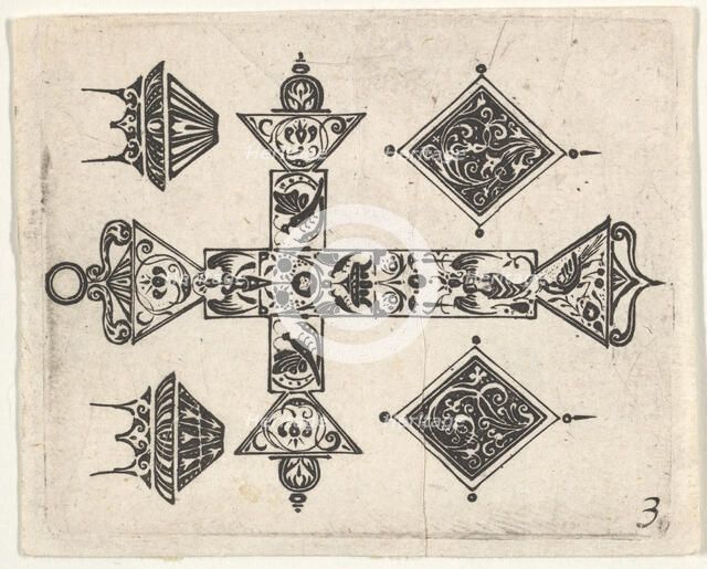 Blackwork Print with a Latin Cross and Four Motifs, ca. 1620. Creator: Claes Jansz Visscher.