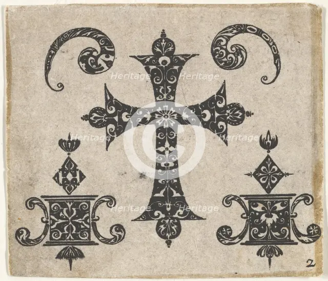 Blackwork Print with a Latin Cross and Small Motifs, ca. 1620. Creator: Claes Jansz Visscher.