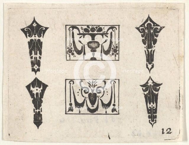 Blackwork Print with Two Horizontal Panels and Four Bezels, ca. 1620. Creator: Claes Jansz Visscher.