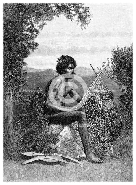 'Blackfellow Mending His Net', Australia, 1886. Artist: Unknown