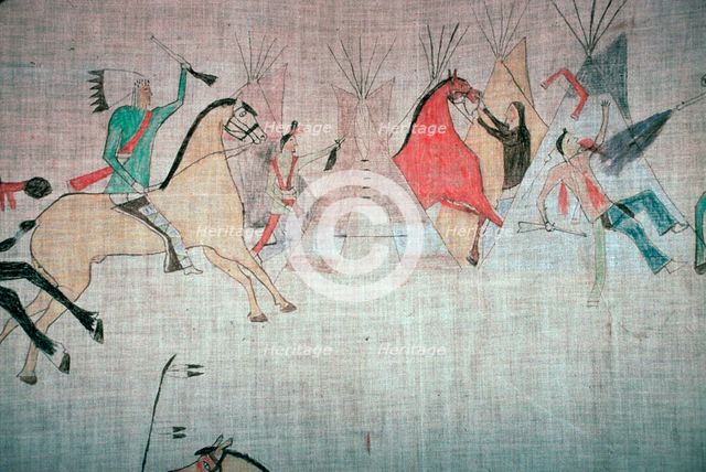 Blackfoot Native American tepee lining showing an attack on a camp Artist: Unknown