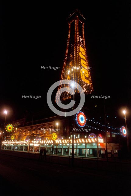 Blackpool Tower lit up by night, Blackpool, 1999. Artist: P Williams