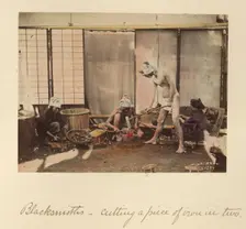 Blacksmiths - Cutting a Piece of Iron in Two, about 1873-1883. Creator: Shinichi Suzuki I