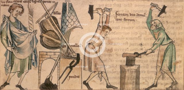 Blacksmiths at work, second half of the 14th century.  Creator: Unknown.