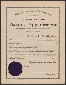 Blank certificate of pastor's appointment for the A.M.E. Church, 20th century. Creator: Unknown