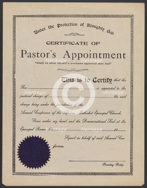 Blank certificate of pastor's appointment for the A.M.E. Church, 20th century. Creator: Unknown.