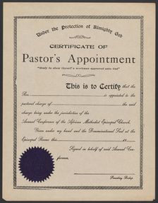 Blank certificate of pastor's appointment for the A.M.E. Church, 20th century. Creator: Unknown