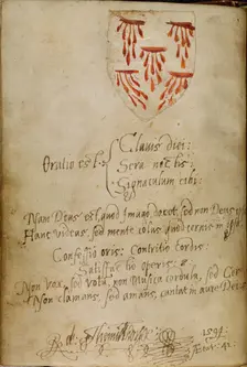 Blank Page with added inscription and pasted-in shield with the Five Wounds, about 1480-1490. Creator: Unknown
