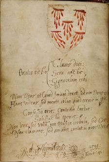 Blank Page with added inscription and pasted-in shield with the Five Wounds, about 1480-1490. Creator: Unknown