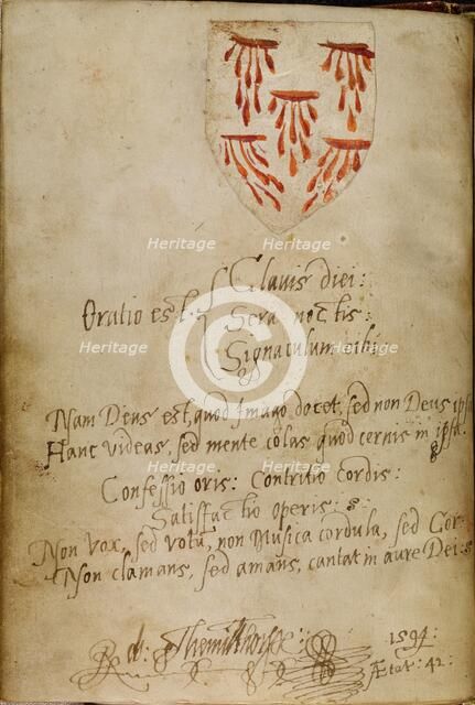 Blank Page with added inscription and pasted-in shield with the Five Wounds, about 1480-1490. Creator: Unknown.