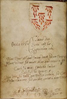 Blank Page with added inscription and pasted-in shield with the Five Wounds, about 1480-1490. Creator: Unknown