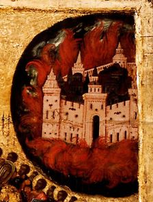 Blessed Be the Host of the King of Heaven (Detail: Fire in Kazan), 1550s. Artist: Athanasius, Metropolitan of Moscow (active Mid of 16th cen.)