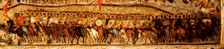 Blessed Be the Host of the King of Heaven (Detail: lower warriors range conducted by Alexander Nevsky and Saint George), 1550s. Artist: Athanasius, Metropolitan of Moscow (active Mid of 16th cen.)