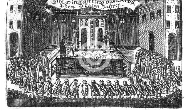 Blessing of the Russian New Year (from Georg Adam Schleissing Derer beyden Czaaren in Reussland Iwan und Peter Alexewiz), 1693. Artist: Anonymous  