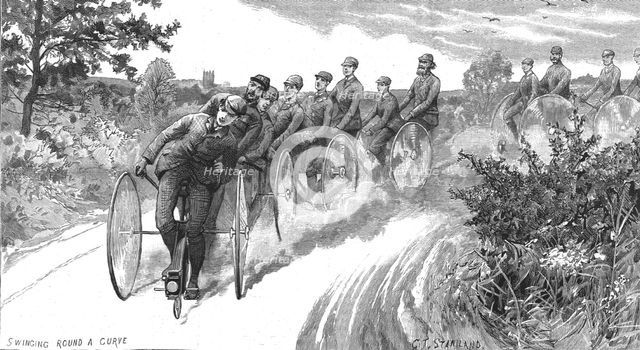 ''Blind Cyclist's on their way from London to Derby; (the steerer of each machine could see)', 1888. Creator: Unknown.
