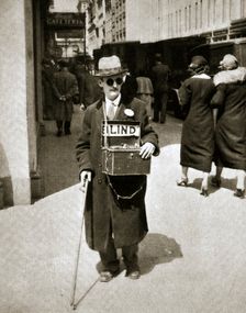 Blind man begging, Great Depression, New York, USA, 1933. Creator: Unknown