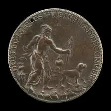 Blind Man with a Staff and Water-flask, Led by a Dog [reverse], c. 1561. Creator: Leone Leoni