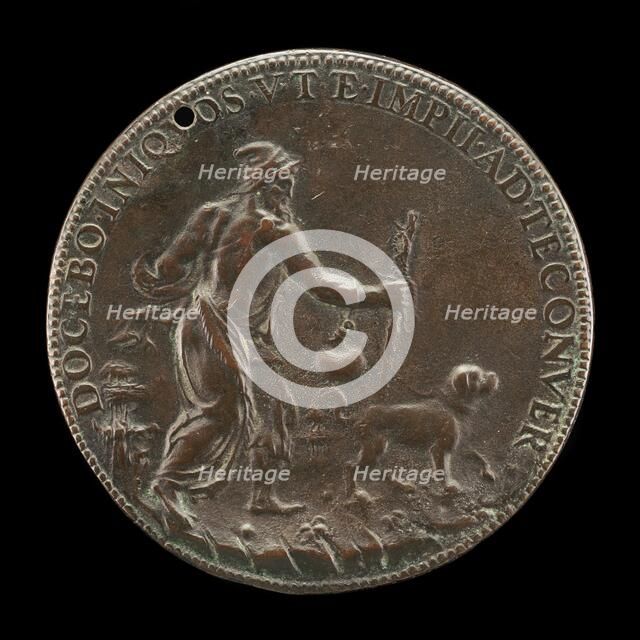 Blind Man with a Staff and Water-flask, Led by a Dog [reverse], c. 1561. Creator: Leone Leoni.