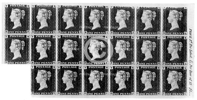 Block of twenty 'Penny Black' stamps, 1840, (1910). Artist: Unknown