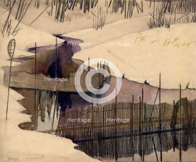 Blocked stream with weir in winter. Selkups, 1920. Creator: A. G. Vargin.