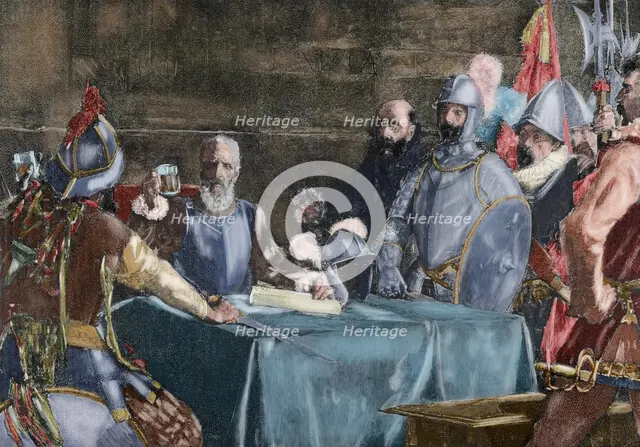 Blood Compact ceremony between Miguel Lopez de Legazpi and Sikatuna, 1565, (19th century). Creator: Unknown.