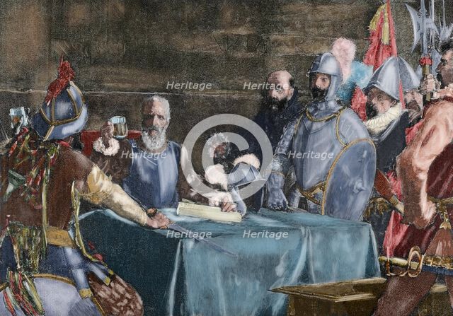Blood Compact ceremony between Miguel Lopez de Legazpi and Sikatuna, 1565, (19th century). Creator: Unknown.