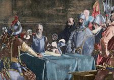 Blood Compact ceremony between Miguel Lopez de Legazpi and Sikatuna, 1565, (19th century). Creator: Unknown