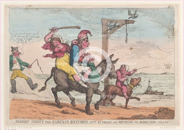 Bloody Boney the Carcass Butcher Left of Trade and Retiring to Scarecrow Island,..., April 12, 1814. Creator: Thomas Rowlandson.