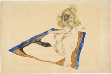 Blonde nude seated on a brown rug with a blue border , 1912. Creator: Schiele, Egon (1890-1918)
