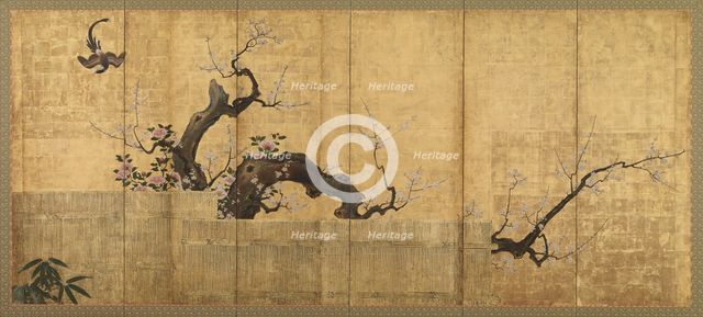 Blossoming Plum and Camellia in a Garden Landscape, Edo period, late 16th-early 17th century. Creator: Kano Koi.