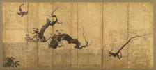 Blossoming Plum and Camellia in a Garden Landscape, Edo period, late 16th-early 17th century. Creator: Kano Koi