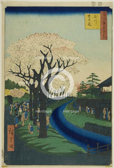 Blossoms on the Tama River Embankment (Tamagawa-zutsumi no hana), from the series..., 1856. Creator: Ando Hiroshige.