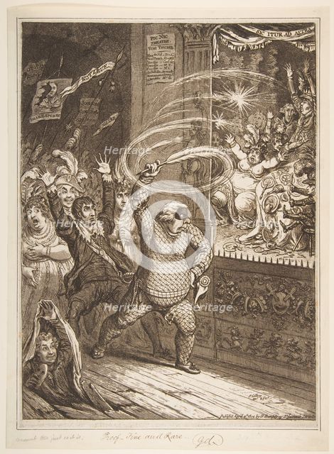 Blowing-up the Pic-Nic's;-or-Harlequin Quixote Attacking the Puppets, vide Totten..., April 2, 1802. Creator: James Gillray.