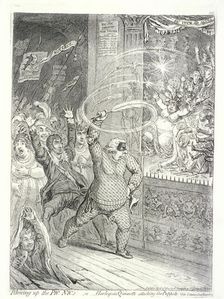 Blowing up the Pic Nic's; or, Harlequin Quixotte attacking the puppets... 1802. Artist: James Gillray